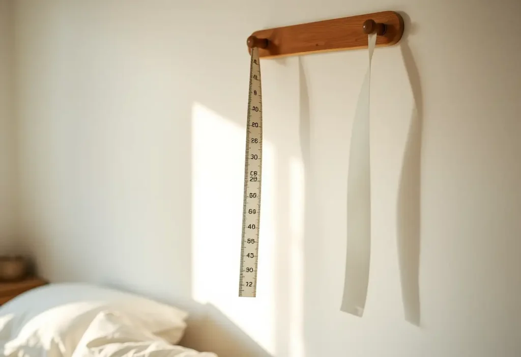 Une règle à courroie en cuir accrochée à un clou dans une chambre, lumière naturelle