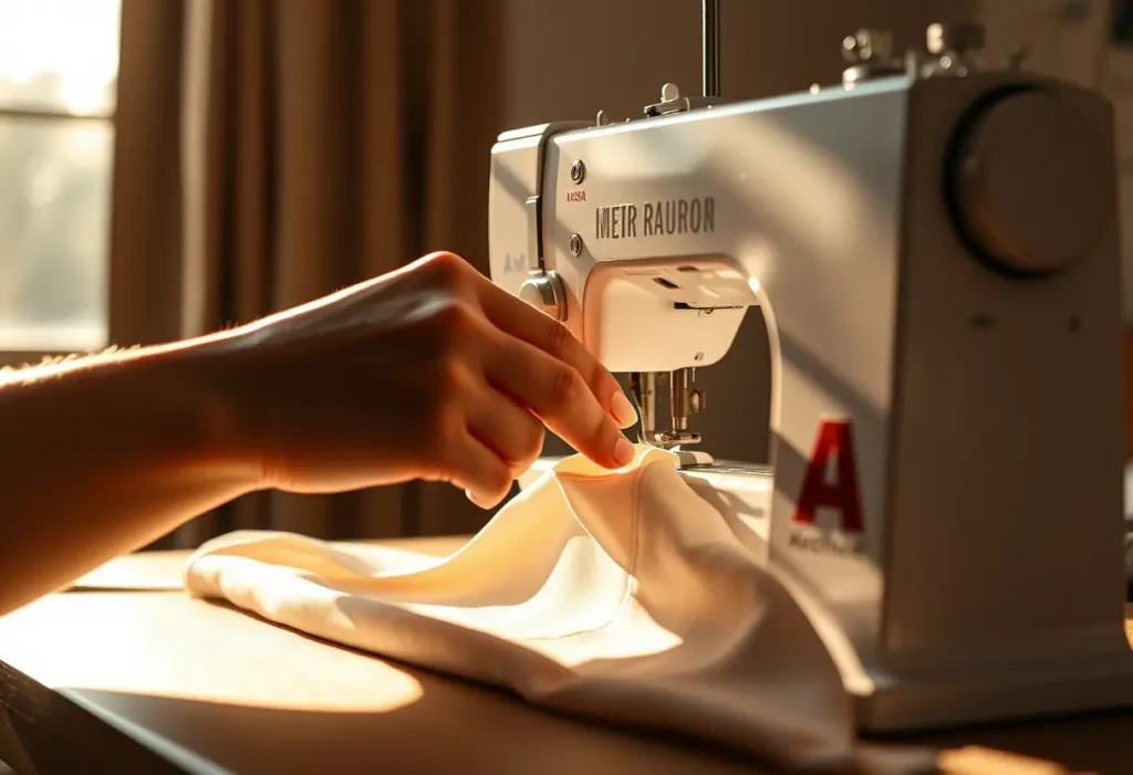 Une main féminine coud délicatement un tissu élastique, éclairée par la lumière naturelle