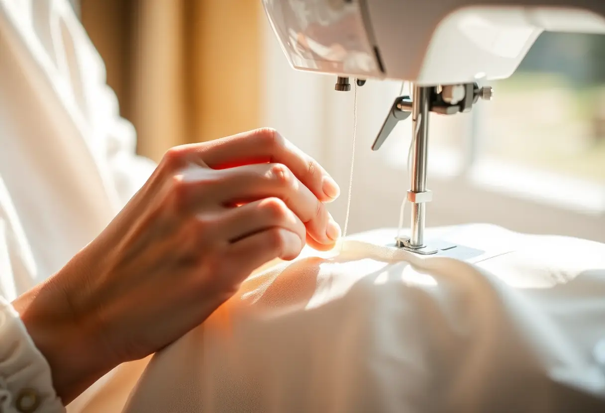 Une main féminine coud soigneusement un ourlet sur du tissu, éclairée par la lumière naturelle