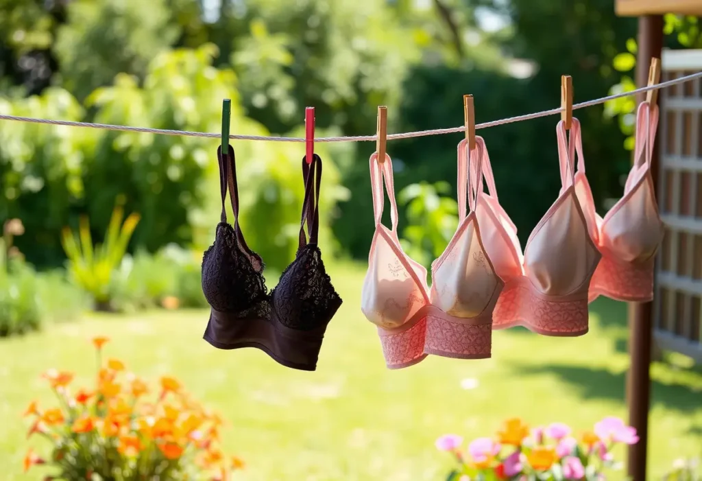 Un fil à linge avec plusieurs soutiens-gorge aux bretelles croisées, séchant au jardin