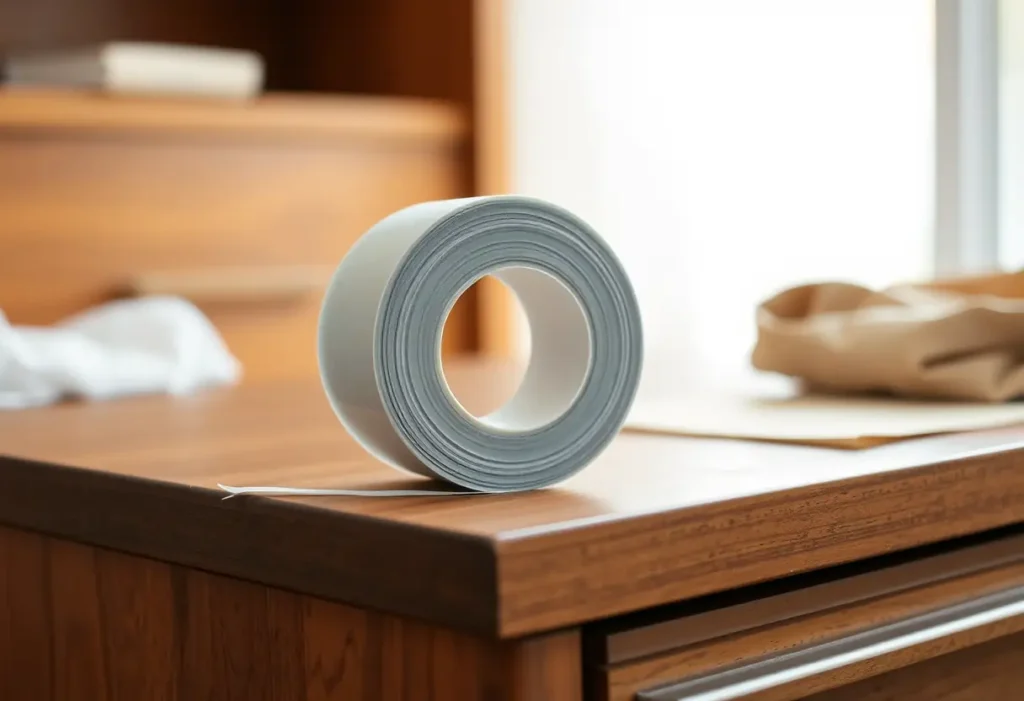 Un rouleau de ruban silicone doux et un ruban en tissu plié sur une commode bien éclairée