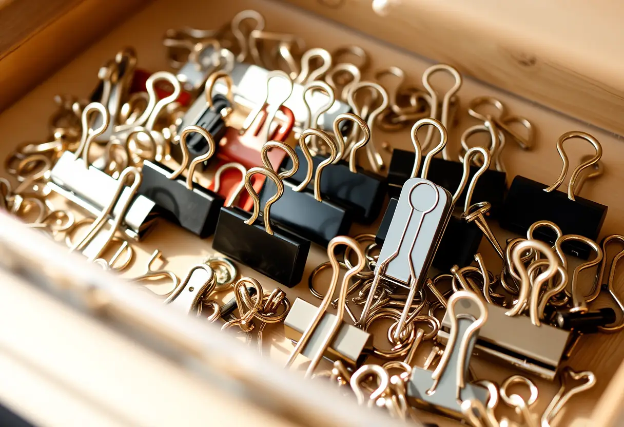 Des clips et attaches rangés dans un tiroir, reflétant la lumière du matin, montrant diverses tailles et designs