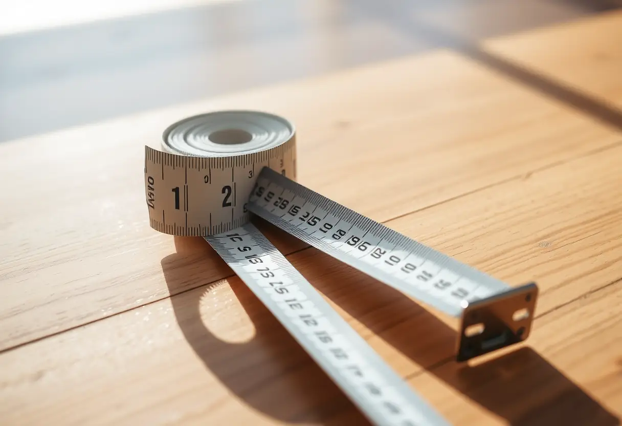 Mesure de ruban posé sur une table en bois, éclairé par la lumière naturelle, rappelant l'importance des bonnes mesures pour le confort