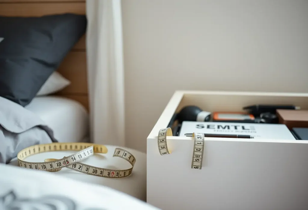 Un mètre ruban souple repose sur une commode dans une chambre, près d'un tiroir mi-ouvert, avec d'autres objets personnels bien rangés.
