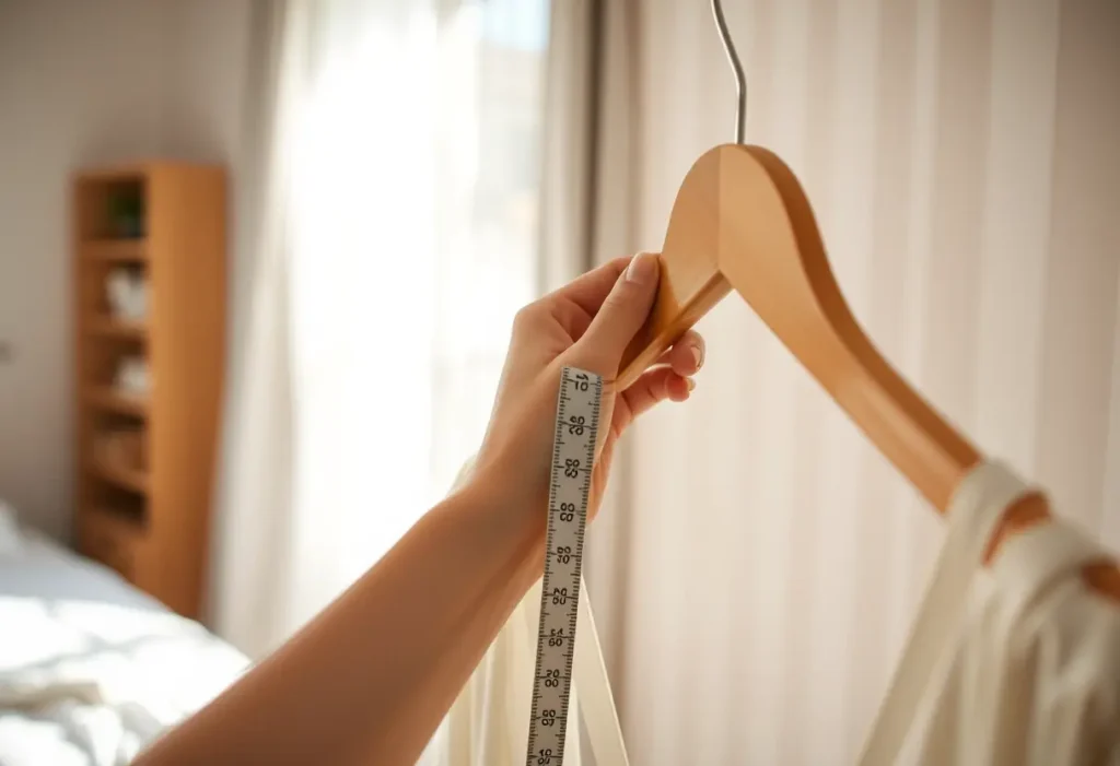 Une main pose délicatement un mètre ruban sur un cintreuse en bois