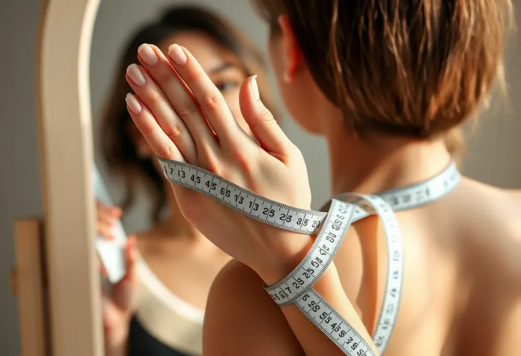 Main de femme tenant un ruban à mesurer devant un miroir, pour la prise de taille de soutien-gorge.