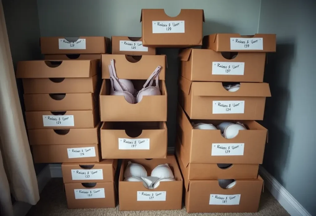 Des boîtes cartonnées bien organisées dans un coin de chambre, facilitant la conservation des soutiens-gorge.