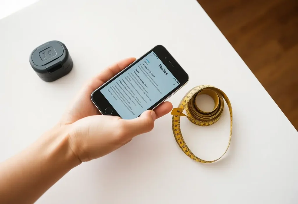 Une main tenant un smartphone avec des notes de mesures, posé près d’un ruban souple pour suivre sa taille de soutien-gorge