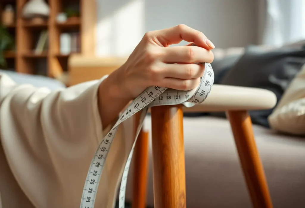 Une main féminine tient un mètre ruban en soie posé sur une jambe de chaise en bois, dans un salon accueillant