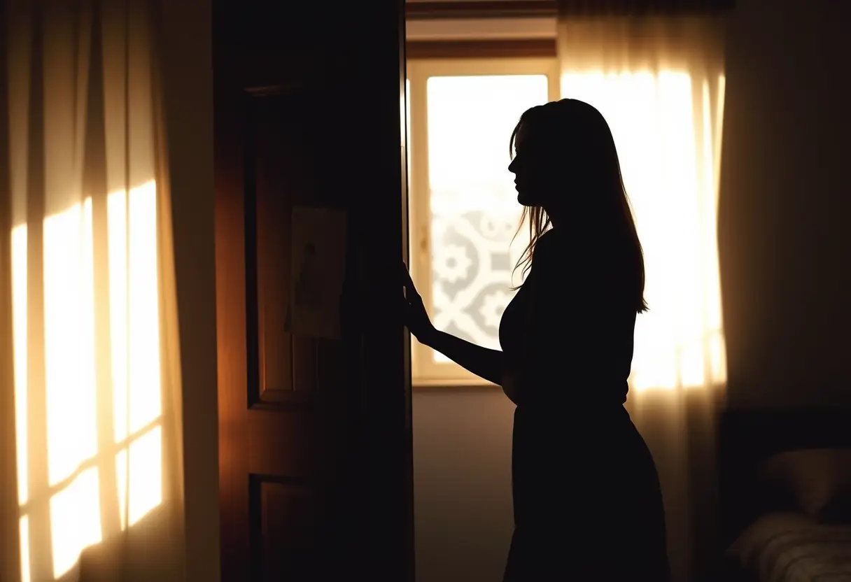 Silhouette d'une femme debout contre un mur dans une chambre, sa main reposant sur un chambranle en bois, la lumière du soleil inondant la pièce