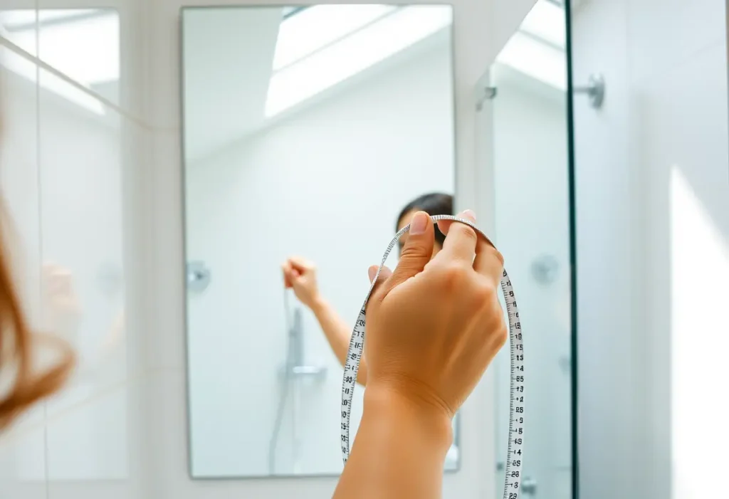 Une main féminine tient un ruban à mesurer devant un miroir dans une salle de bains baignée de lumière naturelle.
