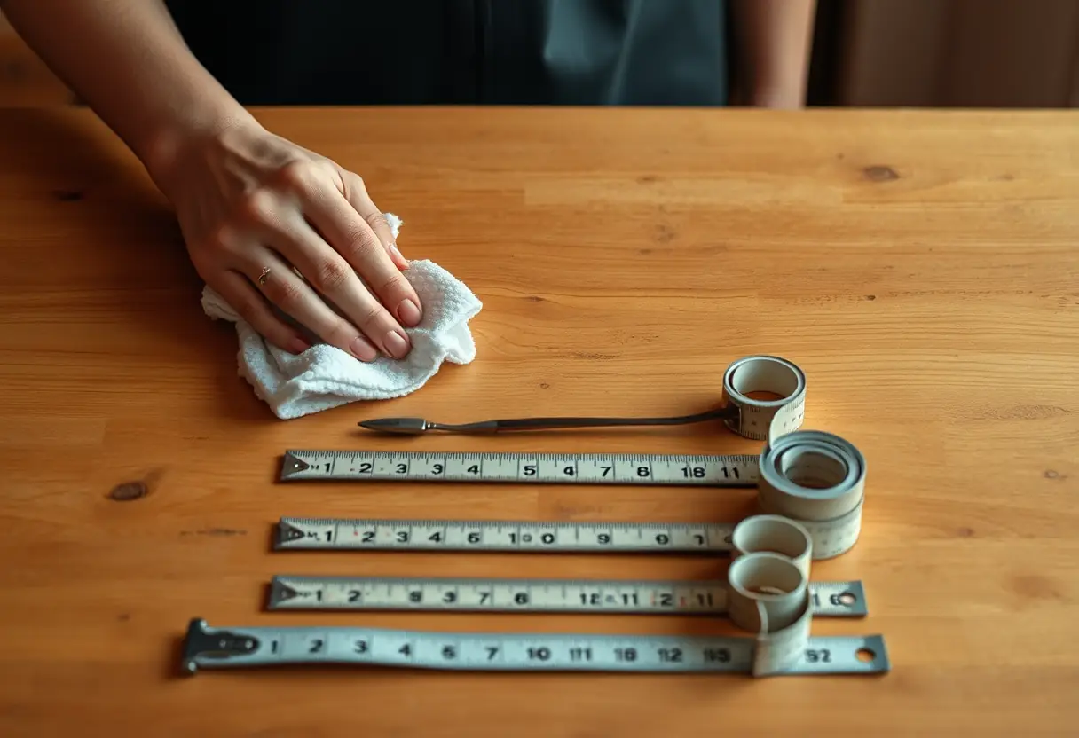 Une main féminine nettoie une table en bois où sont disposés des rubans à mesurer, soulignant l'importance de la mesure précise.