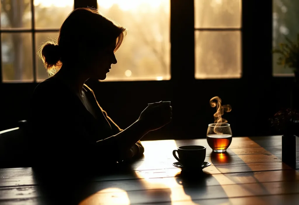 Un profil féminin assis à une table en bois tenant une tasse de thé chaud, lumière du soir