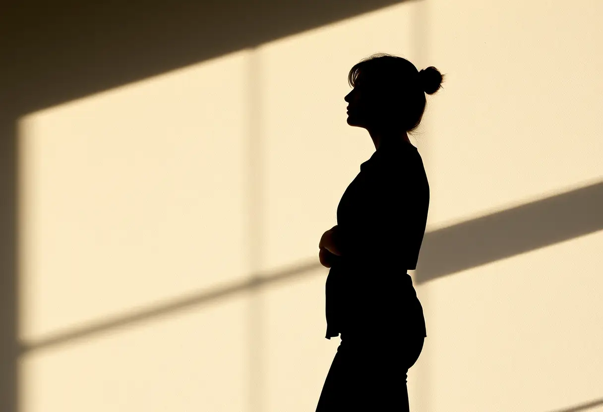 Silhouette d'une femme debout contre un mur nu, sa posture détendue et confiante, représentant l'acceptation de soi et la liberté