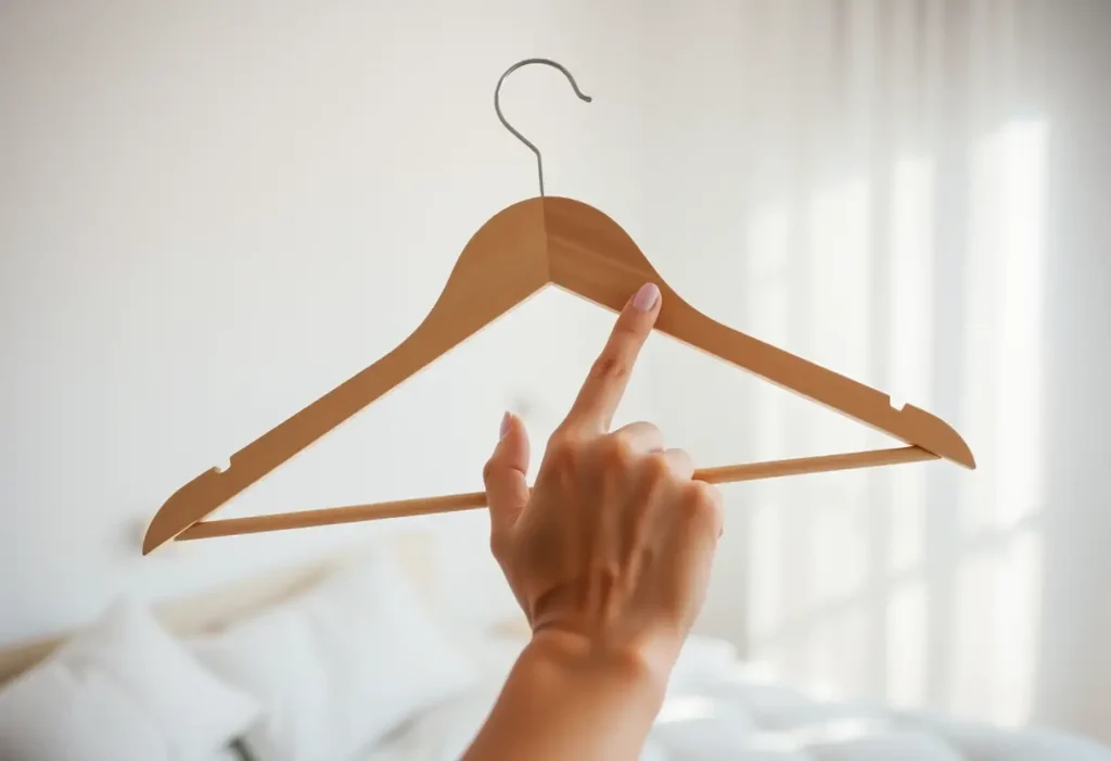 Une main féminine tient doucement un cintreuse en bois, symbolisant la liberté de ne pas porter de soutien-gorge.