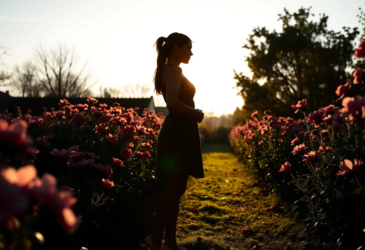 Silhouette d'une femme dans un jardin fleuri, lumière du soir.