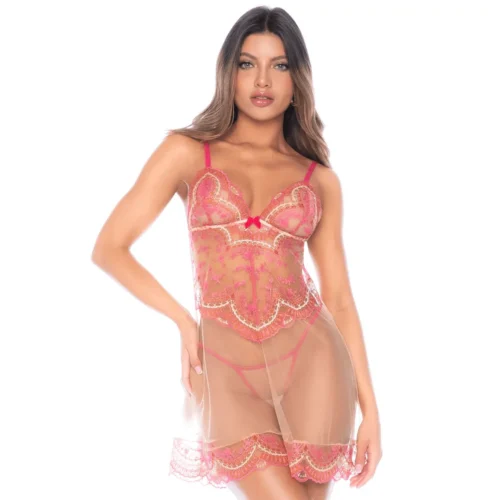 Nuisette Résille Chair Brodée Florale Bretelles Ajustables String Assorti Transparente Sensuelle Raffinée Légère Élégante