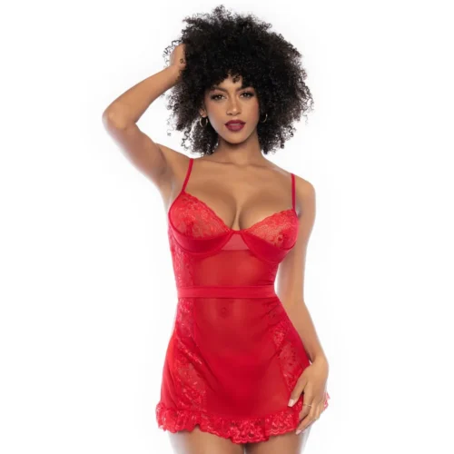 nuisette rouge transparente dentelle armatures bretelles réglables string cœur doré maintien confortable maille tulle volants raffinée sensuelle