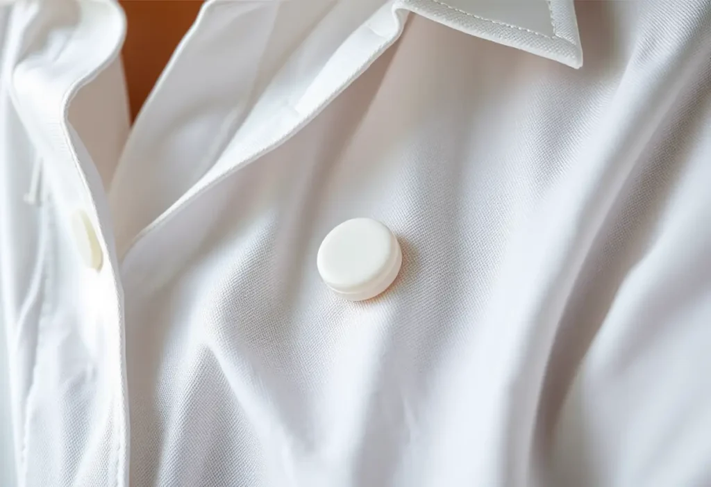 Un plan rapproché d'un cache-tétons en silicone doux posé sur un t-shirt en coton blanc, mettant en valeur son intégration discrète dans le vêtement.