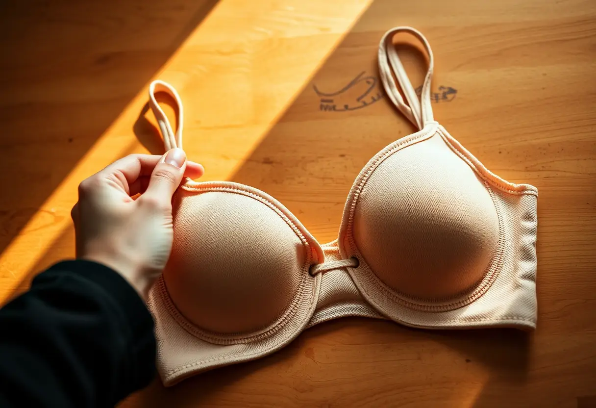 Une main féminine tenant délicatement une brassière sans armature posée sur une table en bois, soulignant le confort et l'esthétique de la pièce.