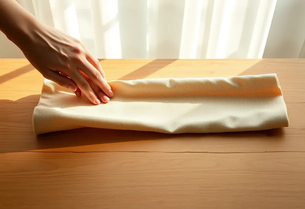 Une main féminine ajuste délicatement un bandeau de tissu sur une table, évoquant le soutien-gorge antique