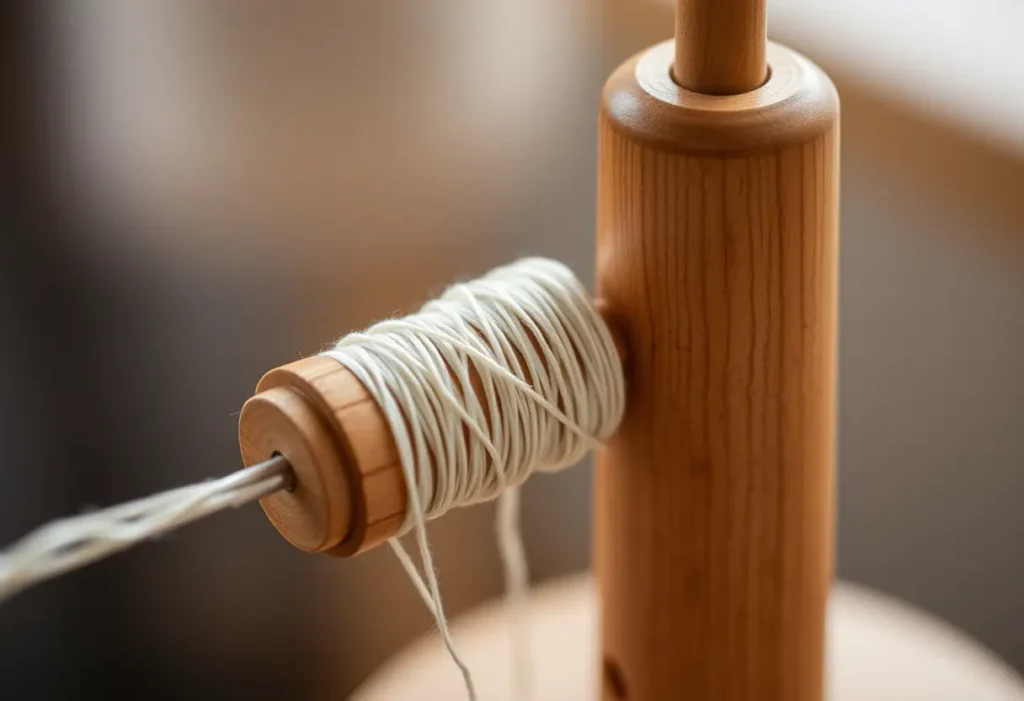 Un fuseau en bois tournant, symbolisant l'évolution des matériaux utilisés dans la confection des soutiens-gorges.