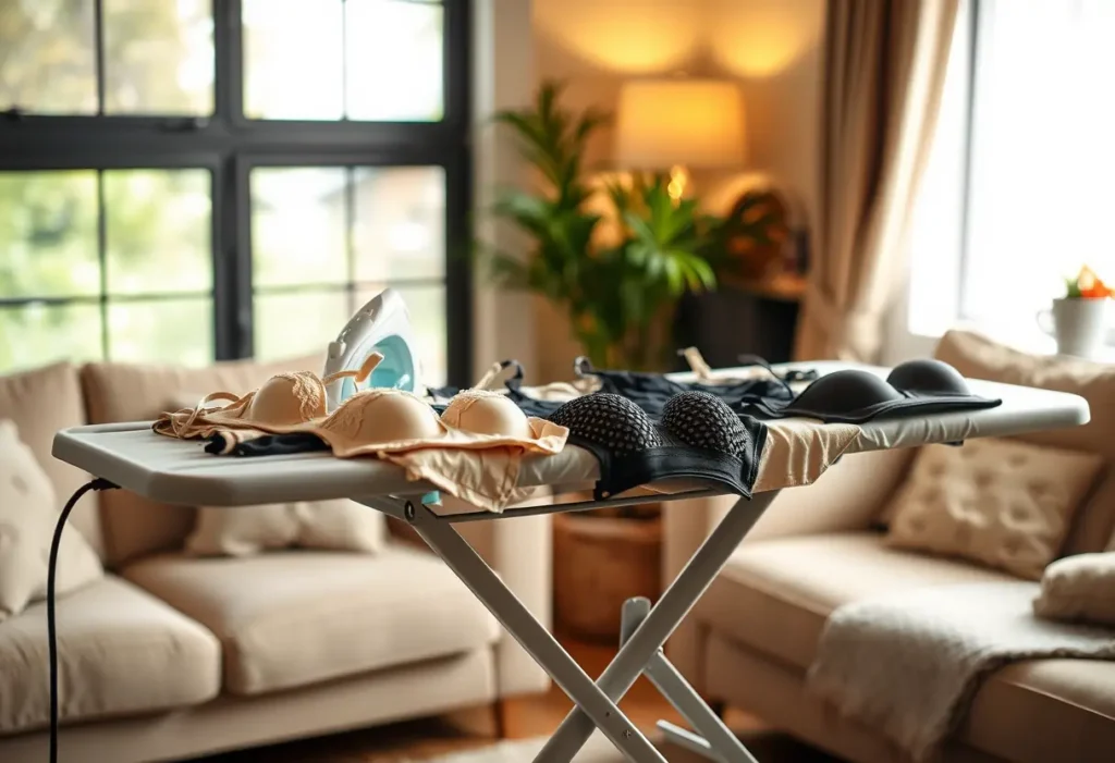Un planche à repasser dans un salon accueillant, couverte de soutiens-gorges de différentes tailles et styles, soulignant l'importance de bien entretenir ses vêtements intimes.