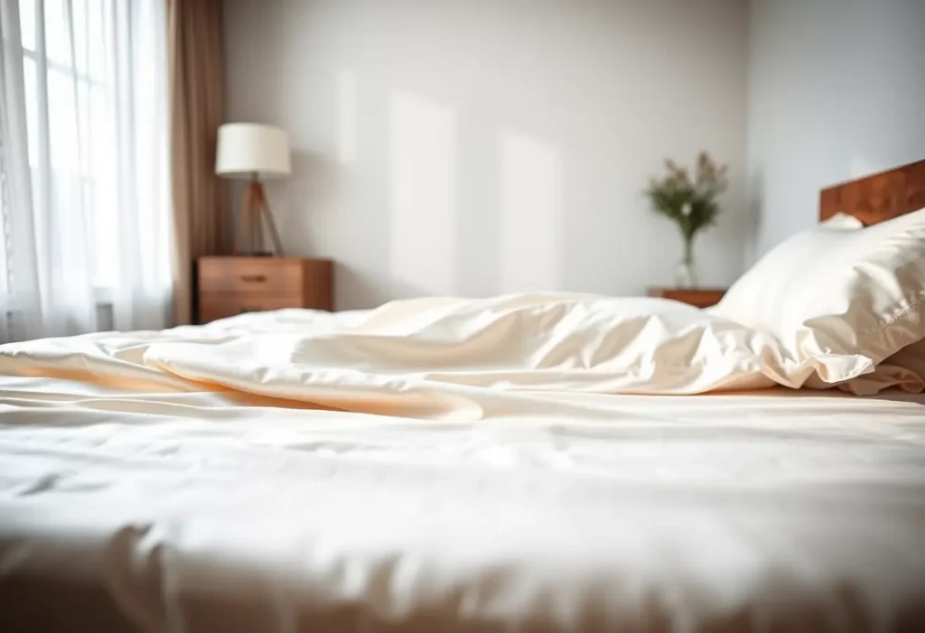 Un lit avec une taie d'oreiller en soie lisse, représentant le repos après une chirurgie mammaire