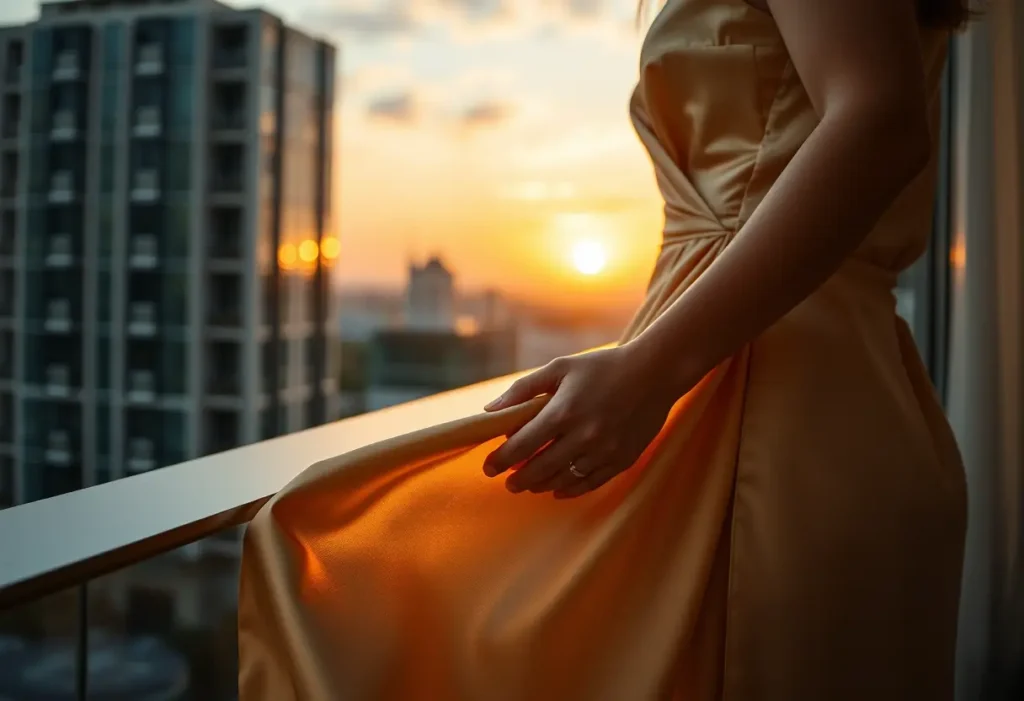 Une main lisse un fourreau de soie sur un balcon au crépuscule