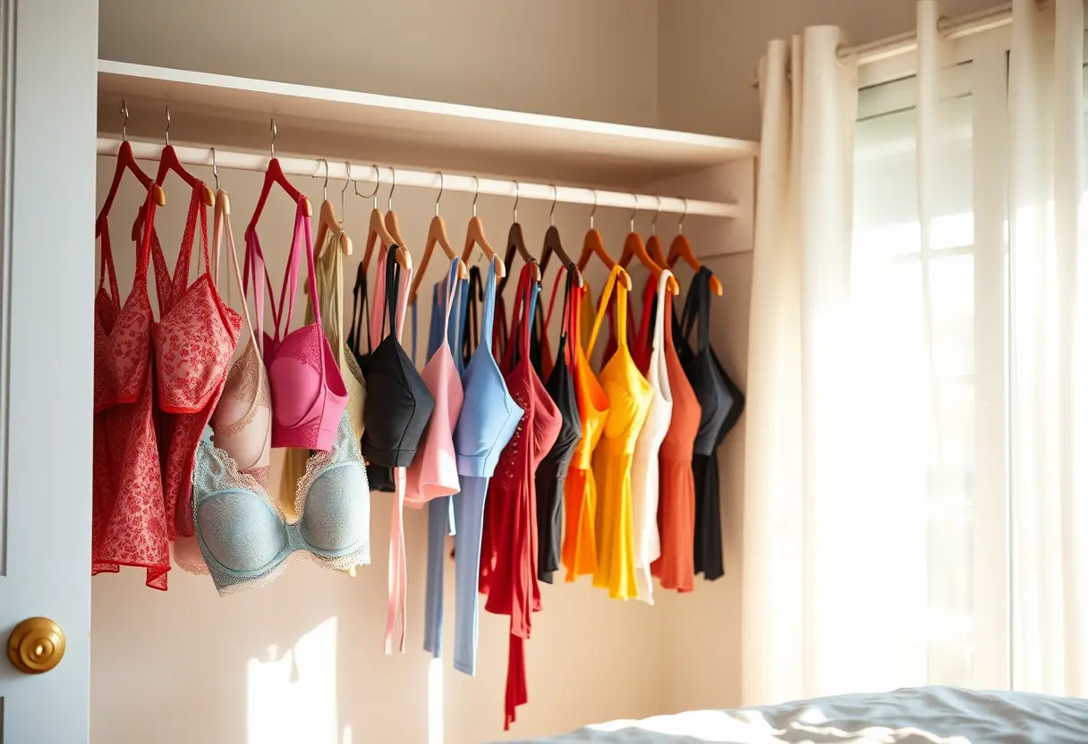 Un dressing d'une chambre avec plusieurs rangées de soutiens-gorge colorés, montrant la richesse des options disponibles