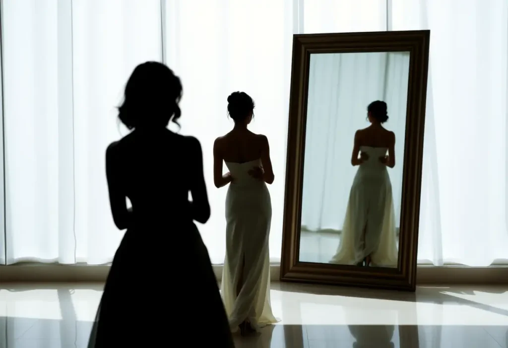 Un profil féminin se contemple devant un miroir, ajustant sa robe dos nu, lien avec l'article sur les soutiens-gorge pour robe dos nu.