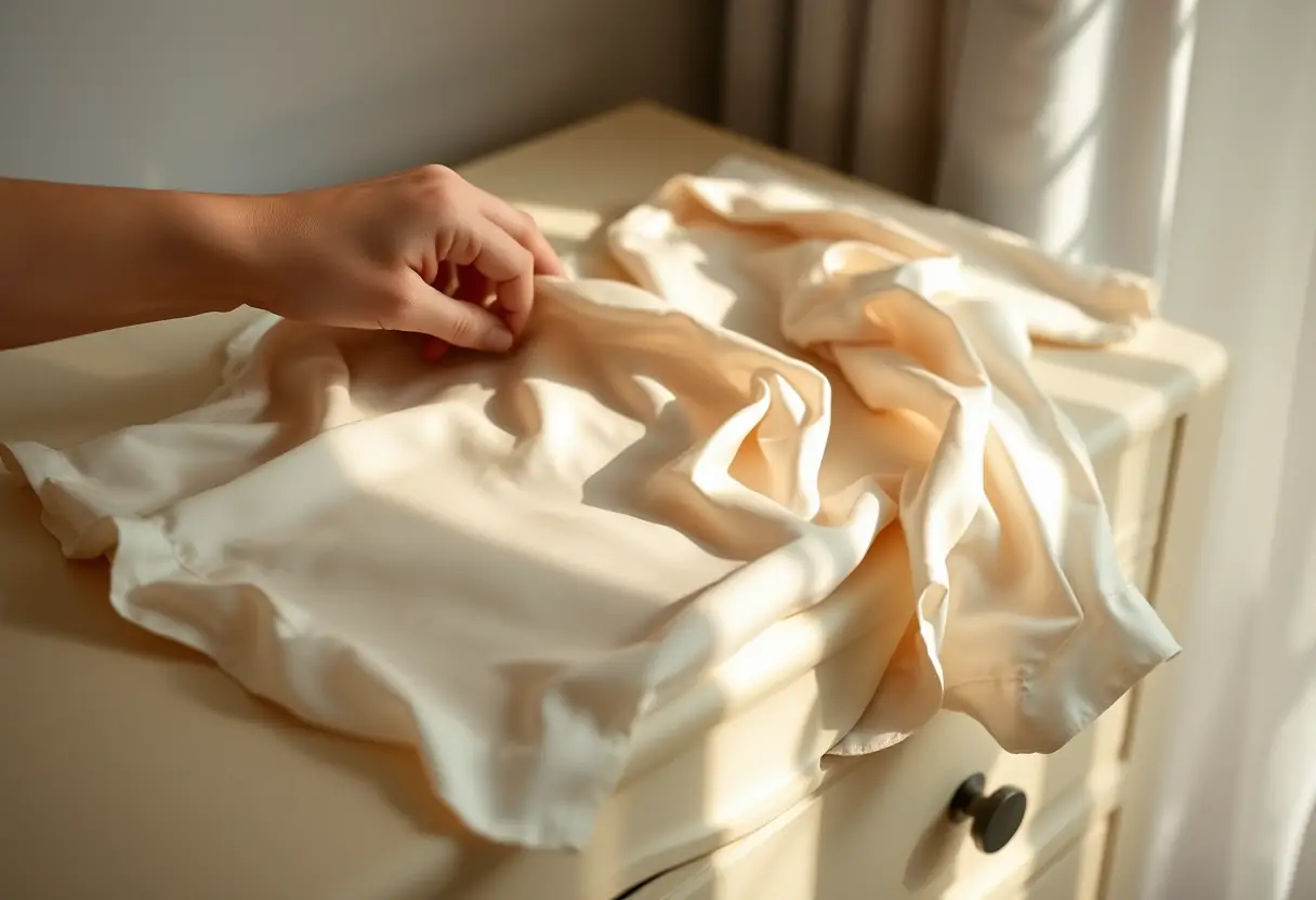 Une main lisse une blouse en soie dans une chambre