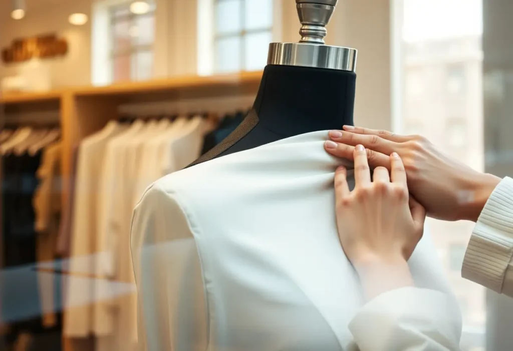 une main qui ajuste un tissu sur un mannequin en vitrine