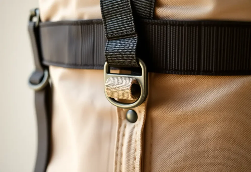 Plan rapproché de bretelles ajustables croisées sur un fermoir en tissu, mettant en valeur la durabilité et les options de personnalisation