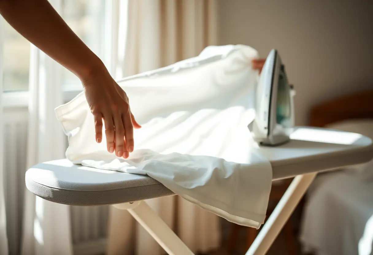 Une main lisse une chemise blanche sur une planche à repasser