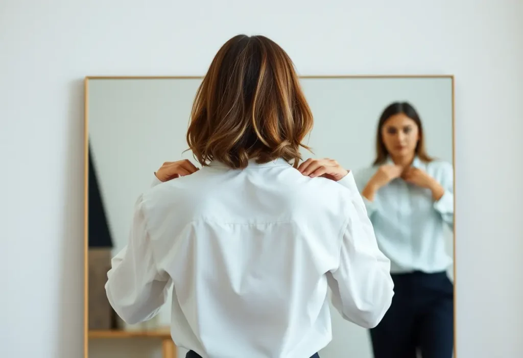 Une silhouette ajustant une blouse blanche devant un grand miroir, mettant en valeur la discrétion sous les vêtements clairs
