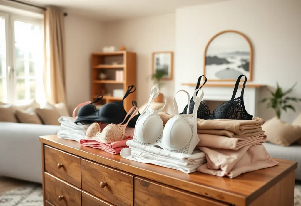Un meuble avec diverses tailles de soutiens-gorge pliés, mettant en valeur la diversité des choix disponibles