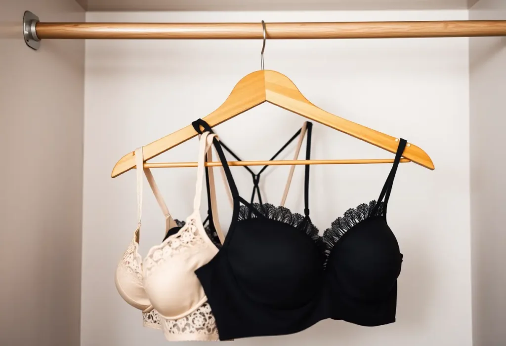 Un porte-vetement dans un placard contenant divers soutiens-gorge, y compris un push-up et un balconnet