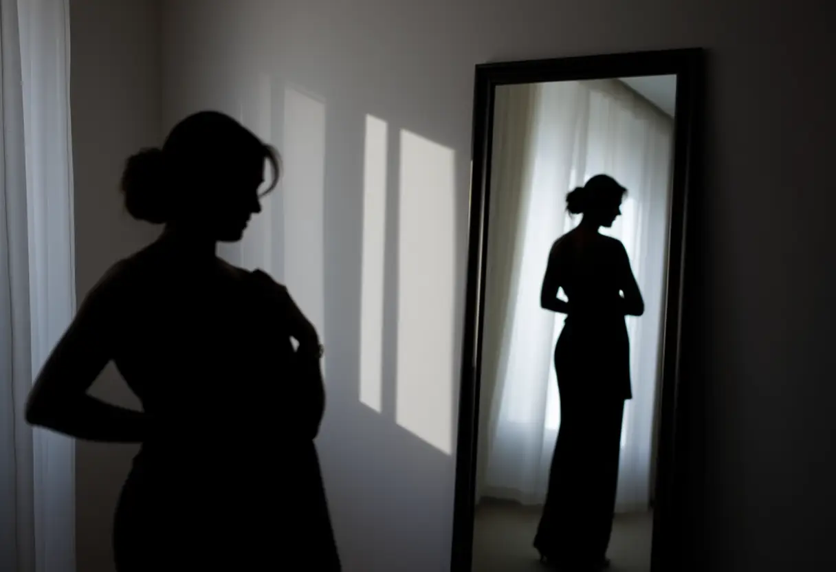 Une silhouette féminine se regardant dans un miroir, ajustant un soutien-gorge, mettant en valeur le maintien de la poitrine tombante