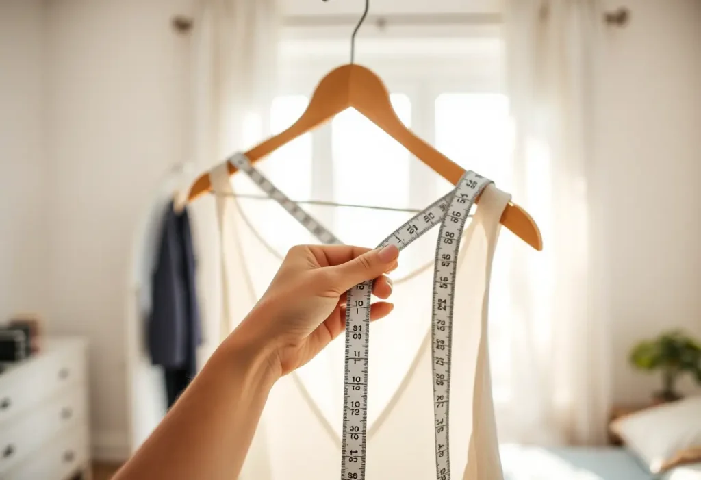 Main de femme tenant un mètre ruban dans une chambre baignée de lumière, soulignant l'importance des mesures précises pour un soutien-gorge parfait.