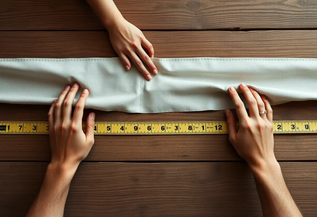 Des mains étalant un ruban à mesurer sur une table en bois
