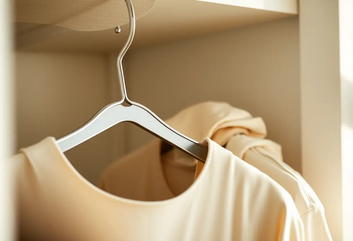 Un porte-vêtements métallique avec un vêtement plié à côté dans une penderie