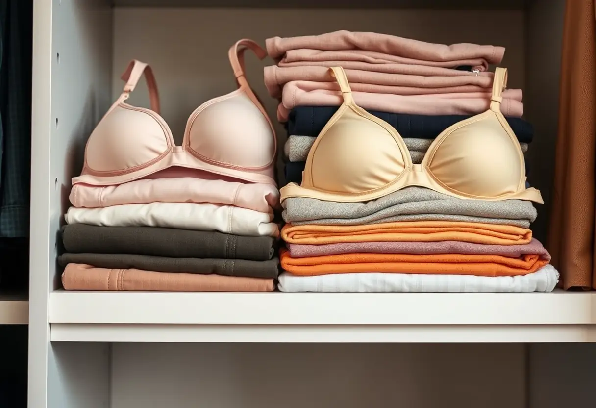 Une étagère d'une penderie pleine de vêtements pliés, y compris différents modèles de soutiens-gorge, soulignant l'importance du bon ajustement