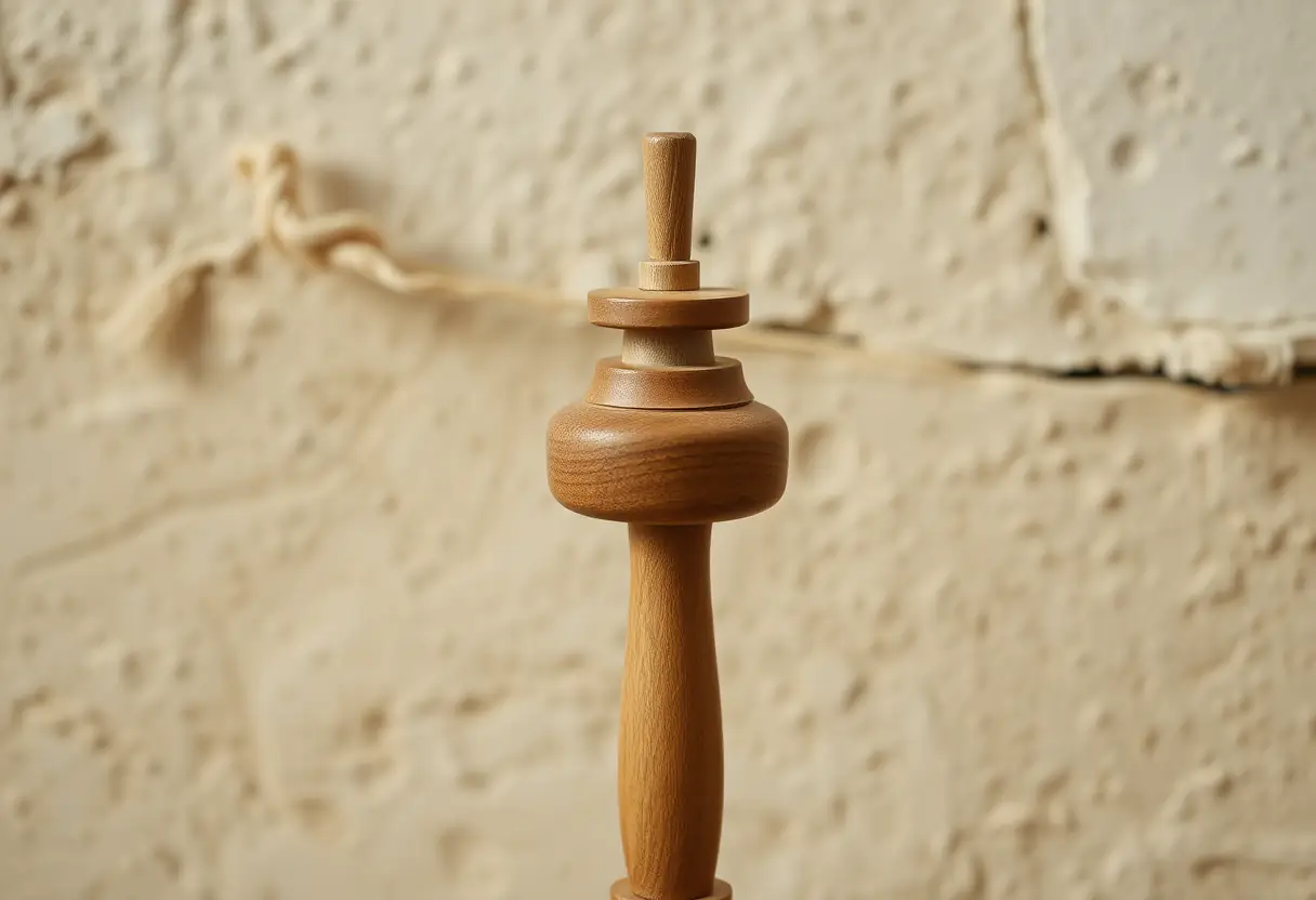 Un fuseau en bois posé sur un mur rustique, rappelant l'artisanat traditionnel du vêtement