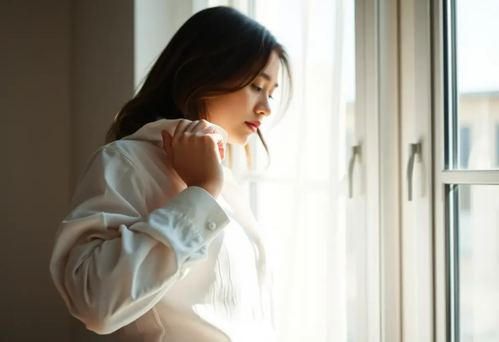 Une main féminine lisse délicatement un chemisier en coton devant une grande fenêtre inondée de lumière, symbolisant le confort et la liberté.