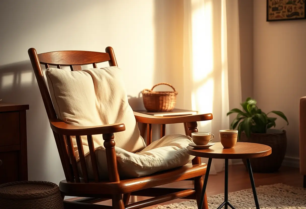 Un fauteuil dans un salon accueillant, ses coussins douillets, une tasse de thé herbagère posée près de lui, illustrant le bien-être et le confort.