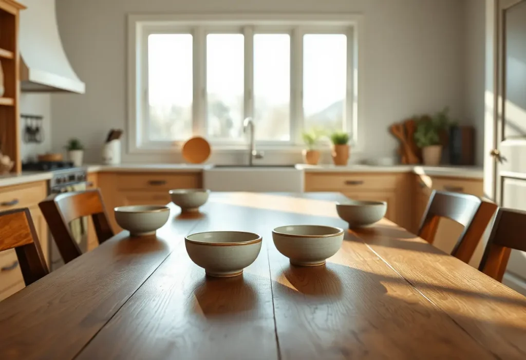 Table en bois avec des bols en céramique simples, cuisine apaisante et naturelle