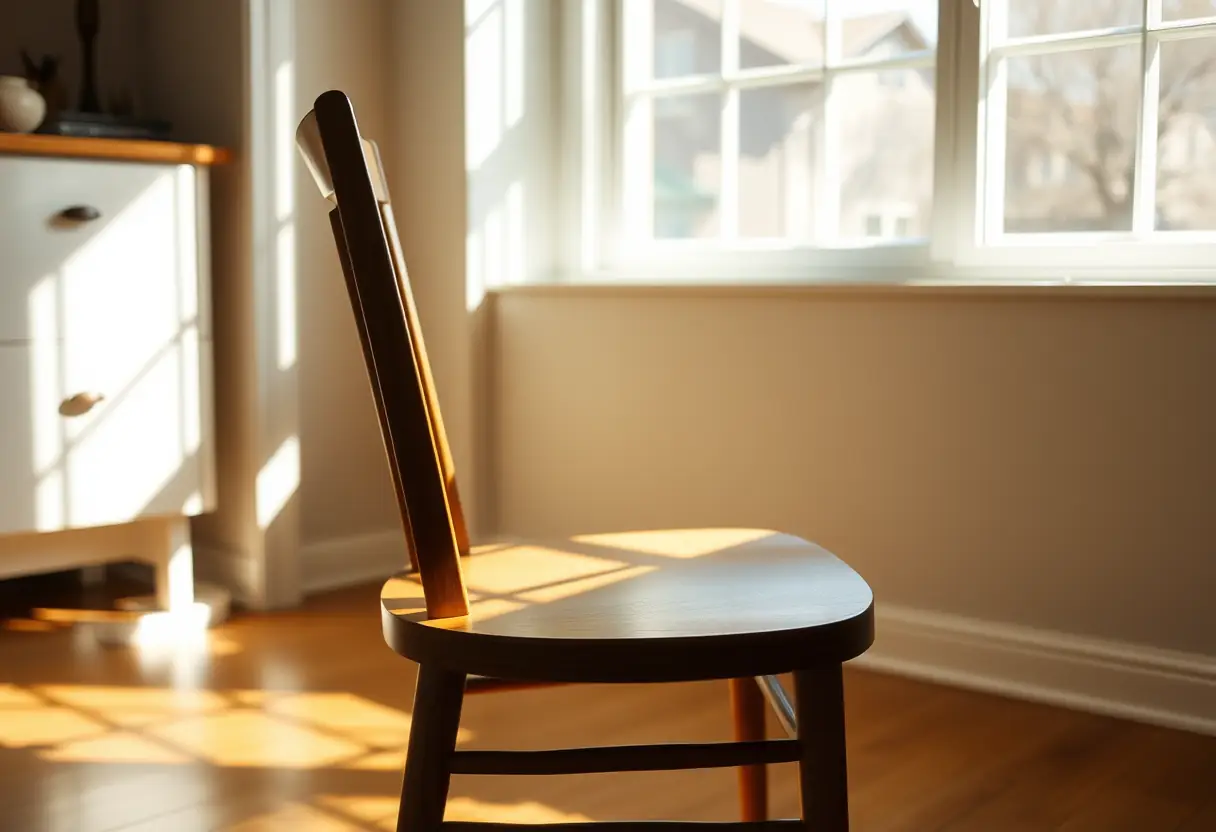 Un fauteuil en bois dans une pièce lumineuse, les ombres douces mettant en valeur la simplicité du meuble
