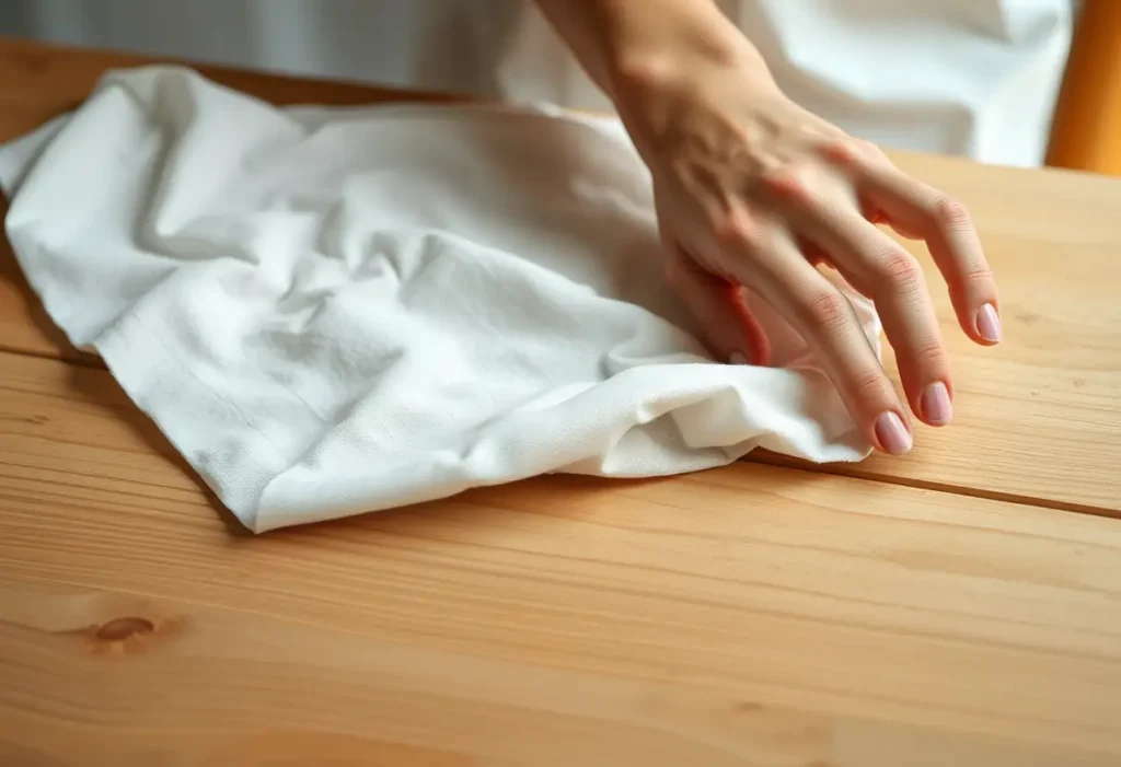 Une main féminine plie délicatement un morceau de tissu en coton sur une table, illustrant la liberté et le confort.