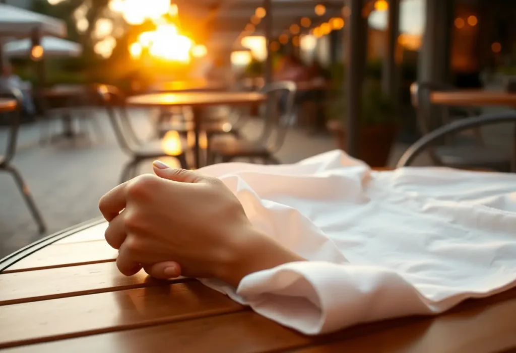 Main de femme lisant un chemisier en coton sur une table de café, thème du soutien-gorge